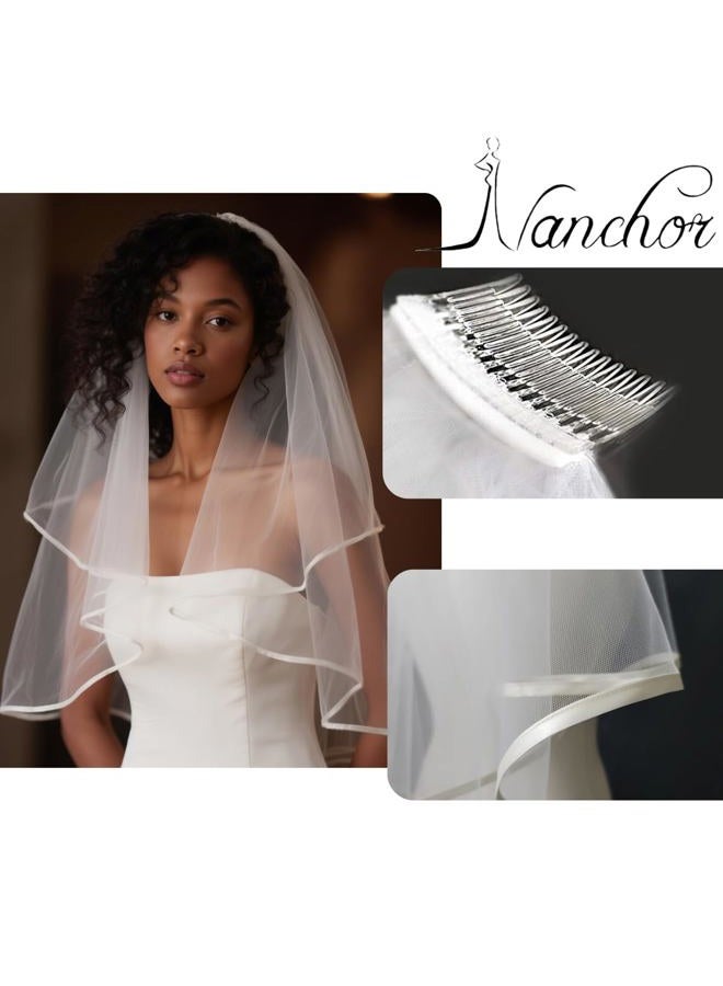 Nanchor Bridal Veil Women's Simple Tulle Short Wedding Veil Ribbon Edge with Comb for Wedding Bachelorette Party (White) - Image 5
